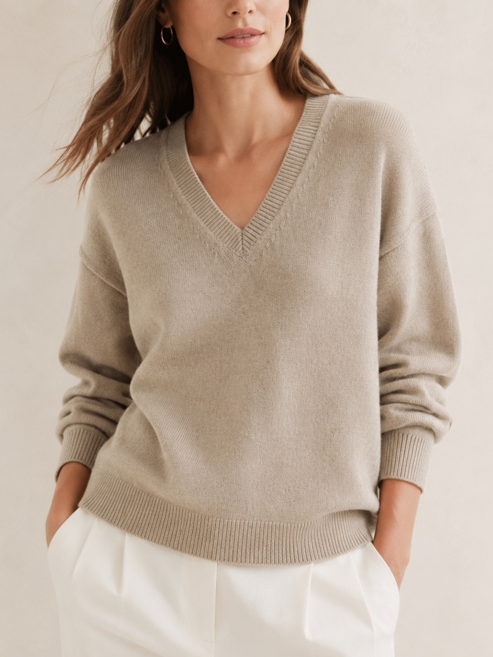 Banana Republic V-Neck Relaxed Sweater in Light Taupe Beige Cotton Classic XXL